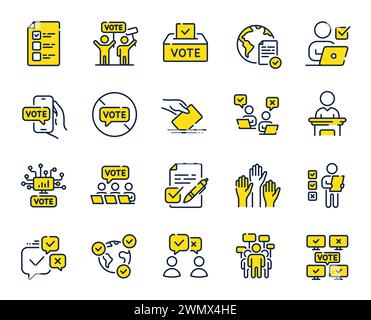 Voting line icons. Public Election, Vote Box, Ballot Paper icons. Candidate, Politics voting. Vector Stock Vector
