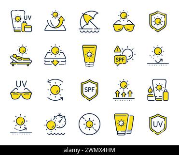 Sun protection line icons. Sunscreen, beach lounger and umbrella set. Vector Stock Vector