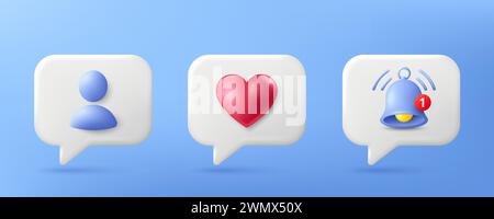 Social media notification 3d icons. Like, friend request and reminder speech bubble. Vector illustration Stock Vector
