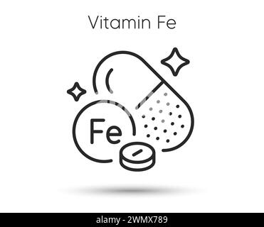 Mineral Fe line icon. Iron capsule sign. Multivitamin pill symbol. Vector illustration Stock Vector