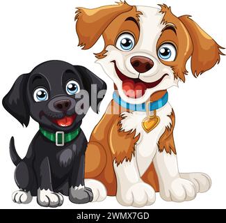 Two cheerful dogs sitting together, smiling. Stock Vector