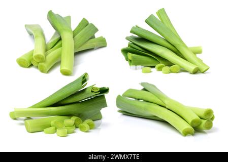 young green garlic leaves isolated on white background Stock Photo