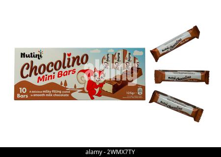 Packet of Nutini Chocolino mini bars with three 3 removed isolated on white background Stock Photo
