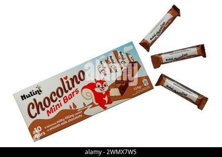 Packet of Nutini Chocolino mini bars with three 3 removed isolated on white background Stock Photo