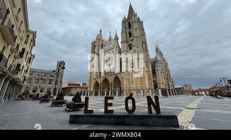 Facade of the Leon Cathedral Stock Photo