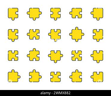 Puzzle line icons. Jigsaw Challenge, Strategy, Puzzle pieces icons. Fun solution, Solve problem. Vector Stock Vector