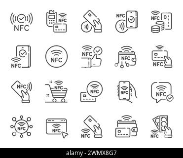 Nfc line icons. Near-field communication, contactless card and smartphone payment set. Vector Stock Vector