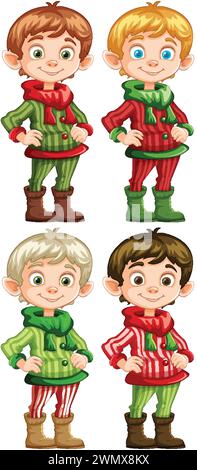 Four cheerful elves dressed in holiday outfits. Stock Vector