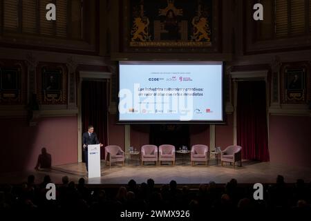 Madrid, Spain. 28th Feb, 2024. The president of the Spanish Government Pedro Sanchez, delivers speeches during the opening event of 'Cultural and Creative Industries: Rising Value with Immediate Challenges', organized by CEOE and ADEPI (Association for the Development of Intellectual Property) in Madrid. Credit: SOPA Images Limited/Alamy Live News Stock Photo