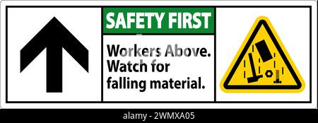 Safety First Sign, Workers Above Falling Material Stock Vector