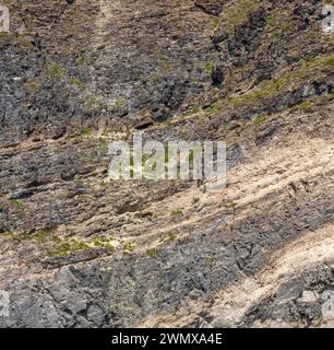 Weathered seaside rock face texture. Aged volcanic stone wall surface background pattern with cracks and scratches. Ischia Island, Italy. Stock Photo