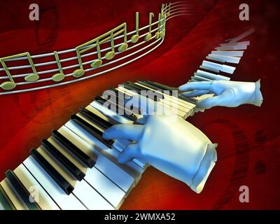 A pair of gloves playing music on a floating piano keyboard. Digital illustration. Stock Photo