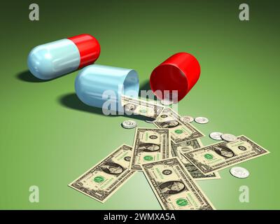 Money coming out of an open capsule. Digital illustration. Stock Photo