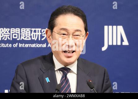 Tokyo, Japan. 28th Feb, 2024. Japanese Prime Minister Fumio Kishida delivers an opening address at the opening session of the Japan Institute of International Affairs' symposium, the fifth Tokyo Global Dialogue in Tokyo on Wednesday, February 28, 2024. (photo by Yoshio Tsunoda/AFLO) Stock Photo