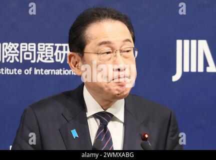 Tokyo, Japan. 28th Feb, 2024. Japanese Prime Minister Fumio Kishida delivers an opening address at the opening session of the Japan Institute of International Affairs' symposium, the fifth Tokyo Global Dialogue in Tokyo on Wednesday, February 28, 2024. (photo by Yoshio Tsunoda/AFLO) Stock Photo