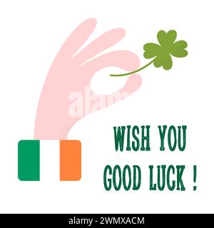Saint Patrick's day. Shamrock with four petals in hand, colors of Irish flag on shirt sleeve. Wish you good luck greeting card, poster Stock Vector