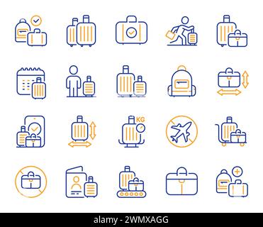 Baggage line icons. Travel bag size, Check weight and Backpack set. Vector Stock Vector