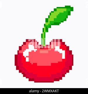 Cherry pixel art isolated on white background. Cartoon red berry on green twig with leaf. Vector illustration. Stock Vector