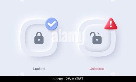 Lock and unlock buttons set. User web interface elements in Neumorphic design. Vector illustration Stock Vector