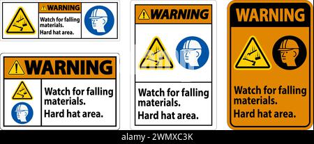 Warning Sign, Watch For Falling Materials, Hard Hat Area Stock Vector