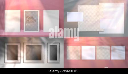 Realistic greeting cards, frames or paper sheet mockup with shadow overlay effect. Natural lightning from window and grey leaves or foliage shadows on template empty blank posters vector illustration. Stock Vector