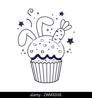 Easter cake with rabbits ears and carrot in cartoon style. Easter bakery with bunny ears. Doodle style. Hand drawn line art illustration isolated on w Stock Vector