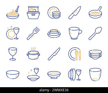 Tableware line icons. Dish plate, Food bowl and Cooking utensils set. Vector Stock Vector