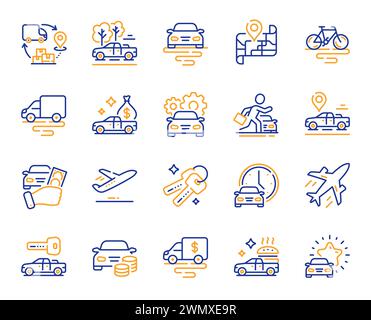 Transport line icons. Car vehicle, Flight plane and Mountain bike set. Vector Stock Vector