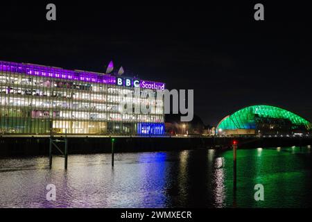 Glasgow Scotland: 11th Feb 2024: River Clyde at night BBC Pacific Quay and Glasgow Science Centre Stock Photo