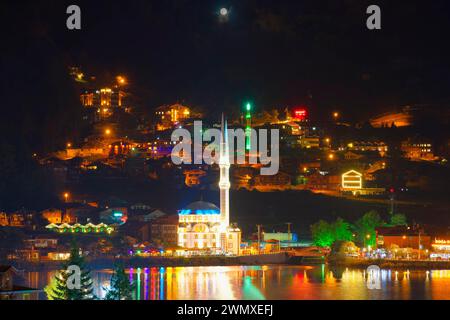 Uzungol mosque reflecting in the lake at night, Trabzon, Turkey Stock Photo