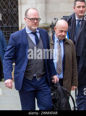 London, England, UK. 28th Feb, 2024. Journalists TREVOR BIRNEY (left) and BARRY MCCAFFREY (right) outside the Royal Courts of Justice in London ahead of a specialist tribunal over claims UK authorities used unlawful covert surveillance. (Credit Image: © Tayfun Salci/ZUMA Press Wire) EDITORIAL USAGE ONLY! Not for Commercial USAGE! Stock Photo