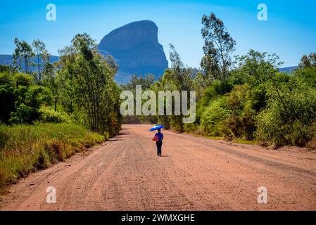 Single person with umbrella walking on a dusty country road with mountain in the background, Waterberg, South Africa Stock Photo