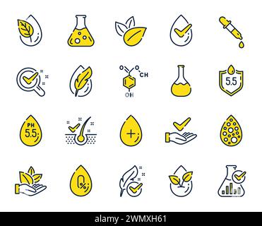 No artificial colors, Anti-dandruff flakes free line icons. Dermatologically tested, Organic. Vector Stock Vector