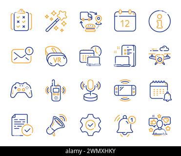 Tech line icons. Game console, Joystick gamepad and Quiz report set. Vector Stock Vector