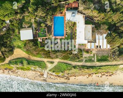 Vertical view of the spa and gym section of the Hurricane Hotel near Tarifa. Aerial view. Drone shot. Cadiz province, Andalusia, Spain Stock Photo