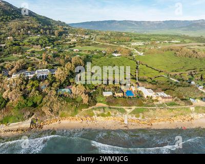 Atlantic Ocean coastline, Hurricane Hotel and the hinterland near Tarifa. Aerial view. Drone shot. Cadiz province, Andalusia, Spain Stock Photo