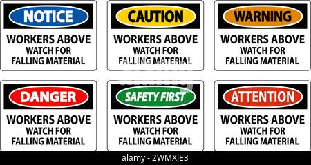 Danger Sign, Workers Above Watch For Falling Material Stock Vector