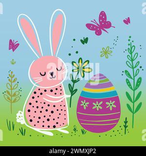 A funny Easter bunny in a cartoon style holds a yellow flower, pink butterflies fly above him next to a multi-colored egg. There are branches with gre Stock Vector