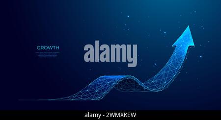 Digital 3D polygonal growth arrow up on technology blue background. Stock Vector