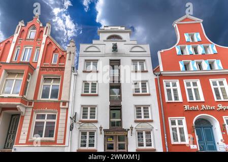 Restored historic house facades, Bohrstr., Wismar, Mecklenburg-Vorpommern, Germany Stock Photo