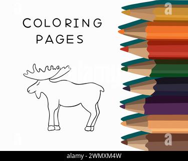 Vector isolated illustration of a moose coloring page. Tasks for preschool children. Classes for kindergarten. Coloring page with animals. Stock Vector