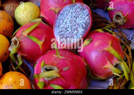 Dragon fruit pitaya (Selenicereus undatus) pulp, farmers' market, Funchal, Madeira Island Stock Photo