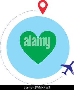A plane going around a circle in the shape of the world with a green heart in the middle Stock Vector