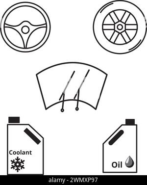 Wheel, steering wheel, windshield, car oil, and car coolant bottles on a white background Stock Vector