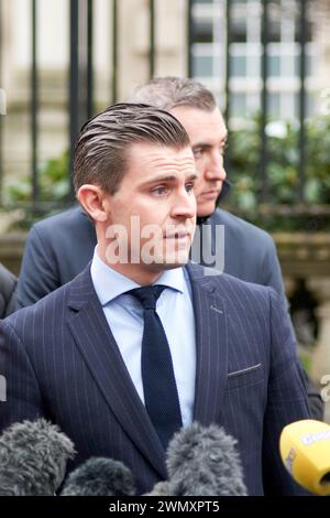 Belfast, United Kingdom 28 02 2024 Victims campaigners speak with media outside Belfast High Court following a ruling on a judicial review brought by the families of troubles victims against the British government Legacy Act Belfast. Credit: HeadlineX/Alamy Live News Stock Photo