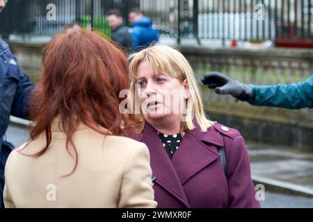 Belfast, United Kingdom 28 02 2024 Victims campaigners speak with media outside Belfast High Court following a ruling on a judicial review brought by the families of troubles victims against the British government Legacy Act Belfast. Credit: HeadlineX/Alamy Live News Stock Photo