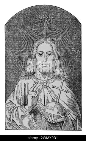 Line drawing; Portrait of Christ holding an orb and blessing. Engraving from Lives of the Saints by the Reverend Sabin Baring-Gould, published 1898 Stock Photo