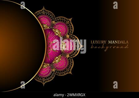 luxury ornamental mandala design background in gold color. Indian Round gold floral decoration on pink color, Islamic flower design with copy space Stock Vector