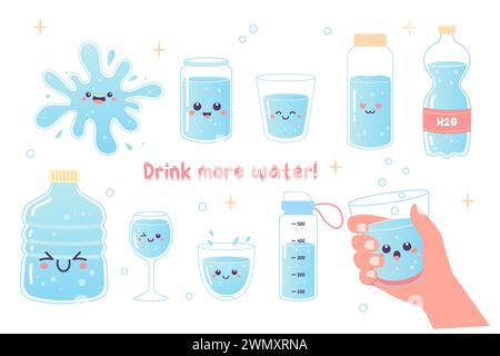 Drink more water set h2o vector illustration, glass, bottle, sports Stock Vector