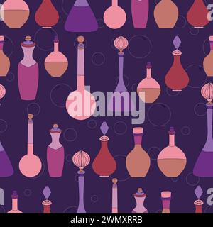 Vector hand drawn potion flasks and bottles seamless pattern, perfect for spooky events and themes. Stock Vector
